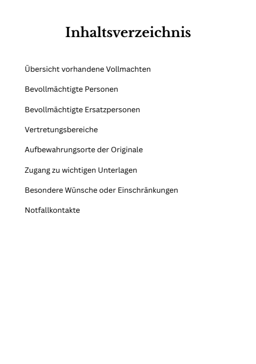 Übersicht vorhandene Vollmachten und Verfügungen im Notfallordner
