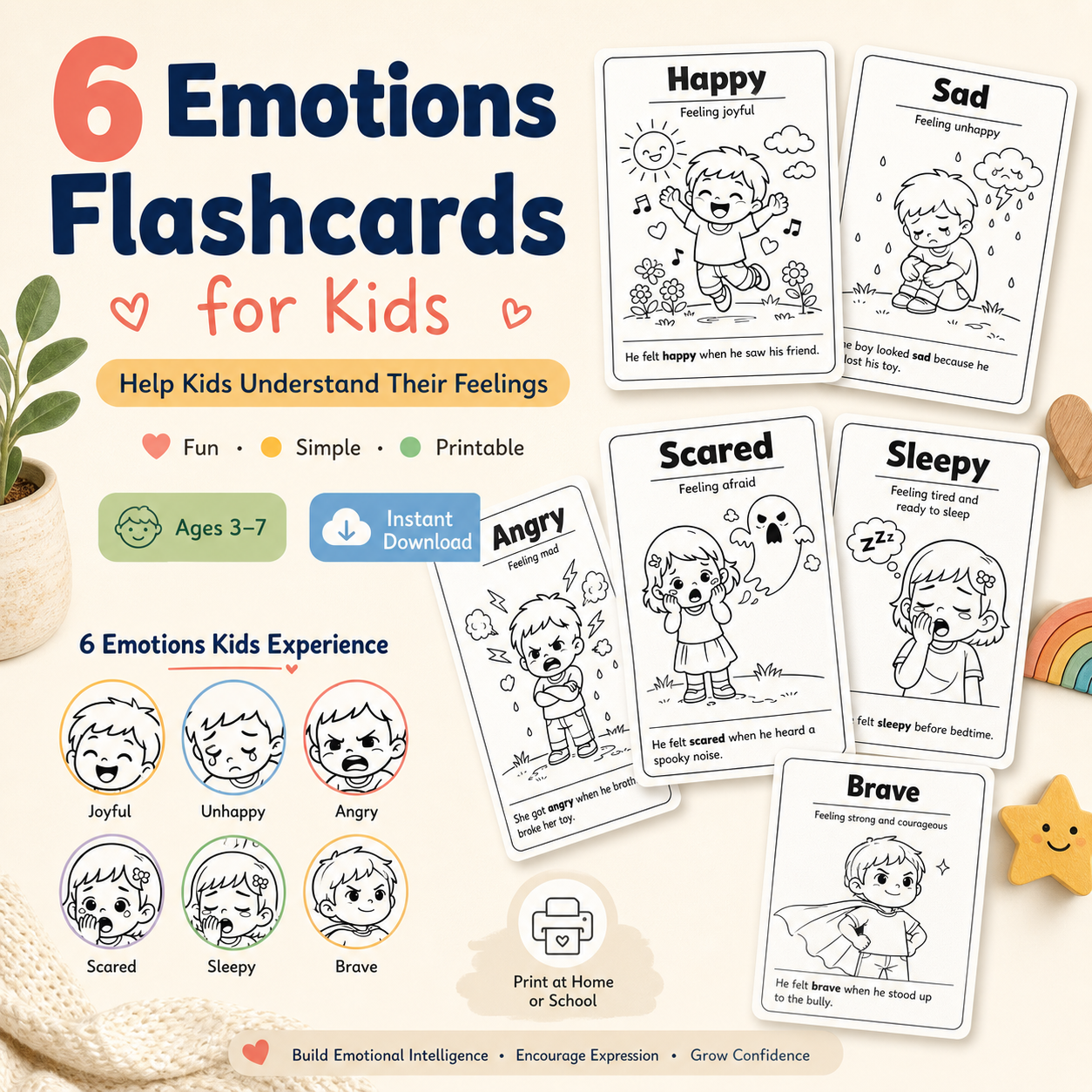 6 Emotions Flashcards for Kids (Printable PDF) – Learn Feelings the Easy Way
