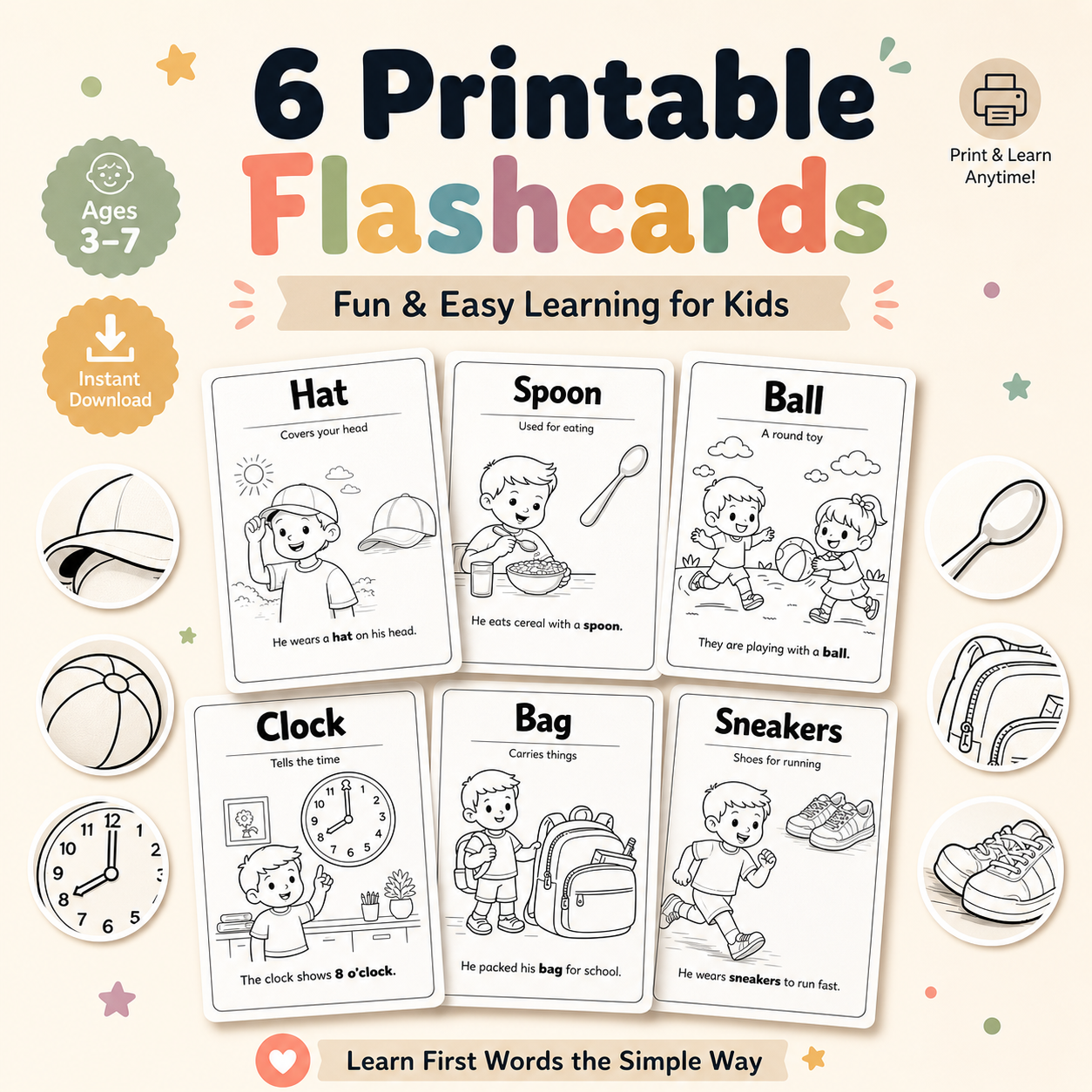 6 Printable Kids Flashcards – Fun & Easy Learning (Ages 3–7)