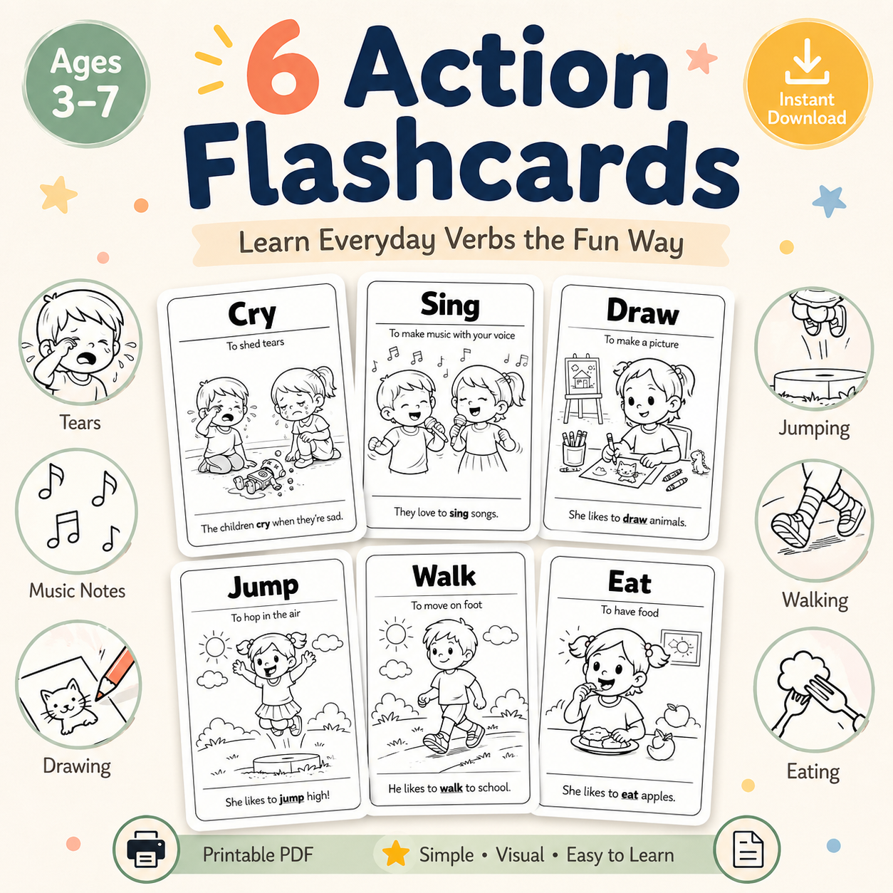 6 Action Flashcards for Kids (Printable PDF)