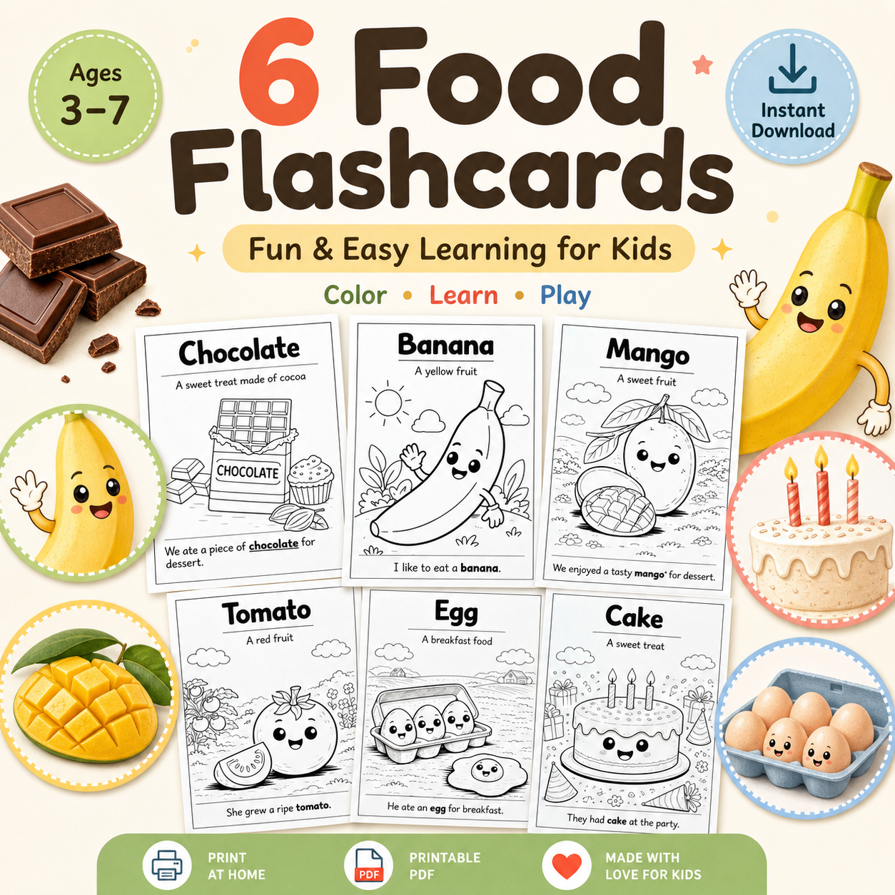 6 Printable Food Flashcards for Kids (Coloring + Simple Sentences) | Instant Download