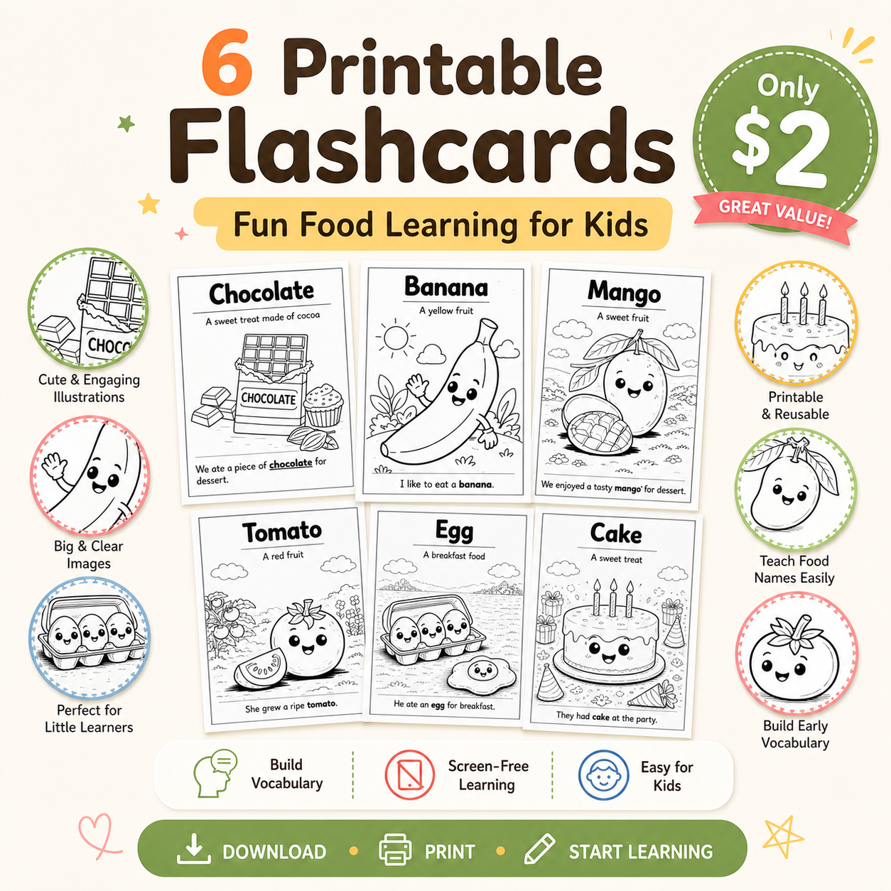 6 Printable Food Flashcards for Kids (Coloring + Simple Sentences) | Instant Download