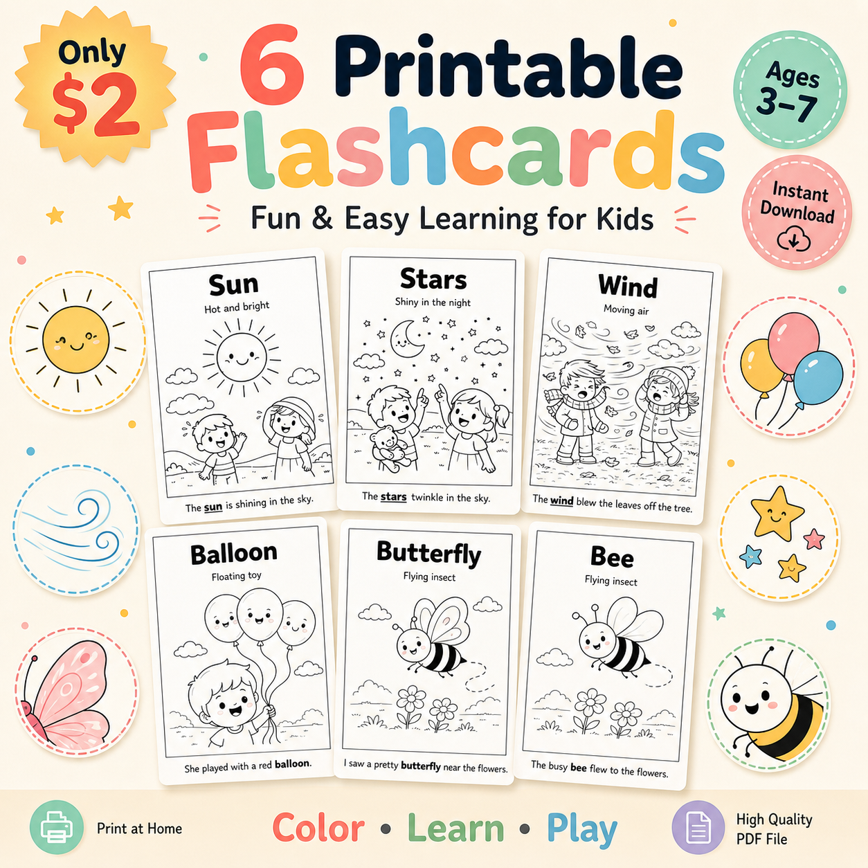 6 Fun Learning Flashcards for Kids (Printable PDF) Color, Learn & Build Vocabulary – Ages 3–7