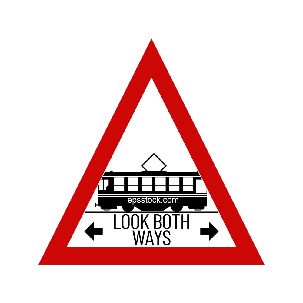 tram sign look both ways, black and red isolated vector silhouette