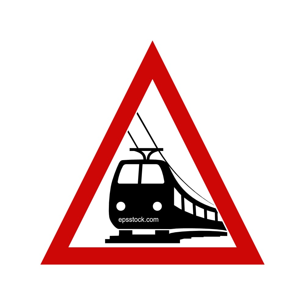 Tramcars crossing ahead Road Sign, black and red isolated vector silhouette  Keywords language: English