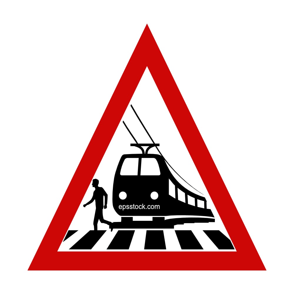 Tram Crossing Ahead Road Traffic Sign, black and red isolated vector silhouette