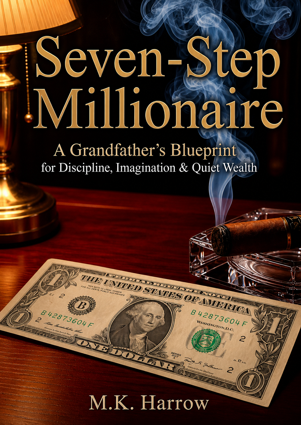 The Seven-Step Millionaire book cover by M.K. Harrow. A premium wealth creation manual and self-mastery blueprint detailing generational wealth strategies, high-net-worth capital management, financial autonomy protocols, corporate leverage, and entreprene