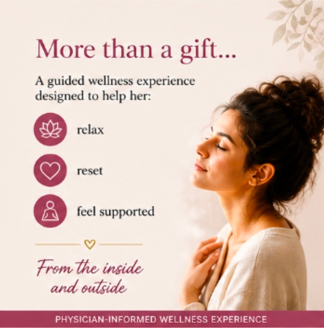 A calming wellness image of a relaxed woman with text describing a guided wellness experience designed to help her relax, reset, and feel supported from the inside and outside.
