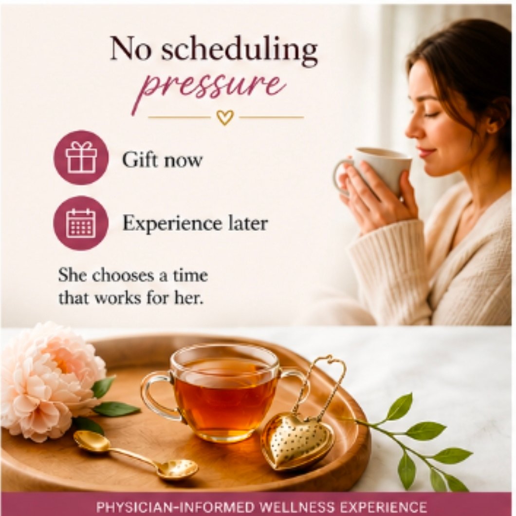 A peaceful self-care scene showing a woman enjoying tea with text explaining gift now, experience later flexibility, emphasizing no scheduling pressure for this wellness experience.