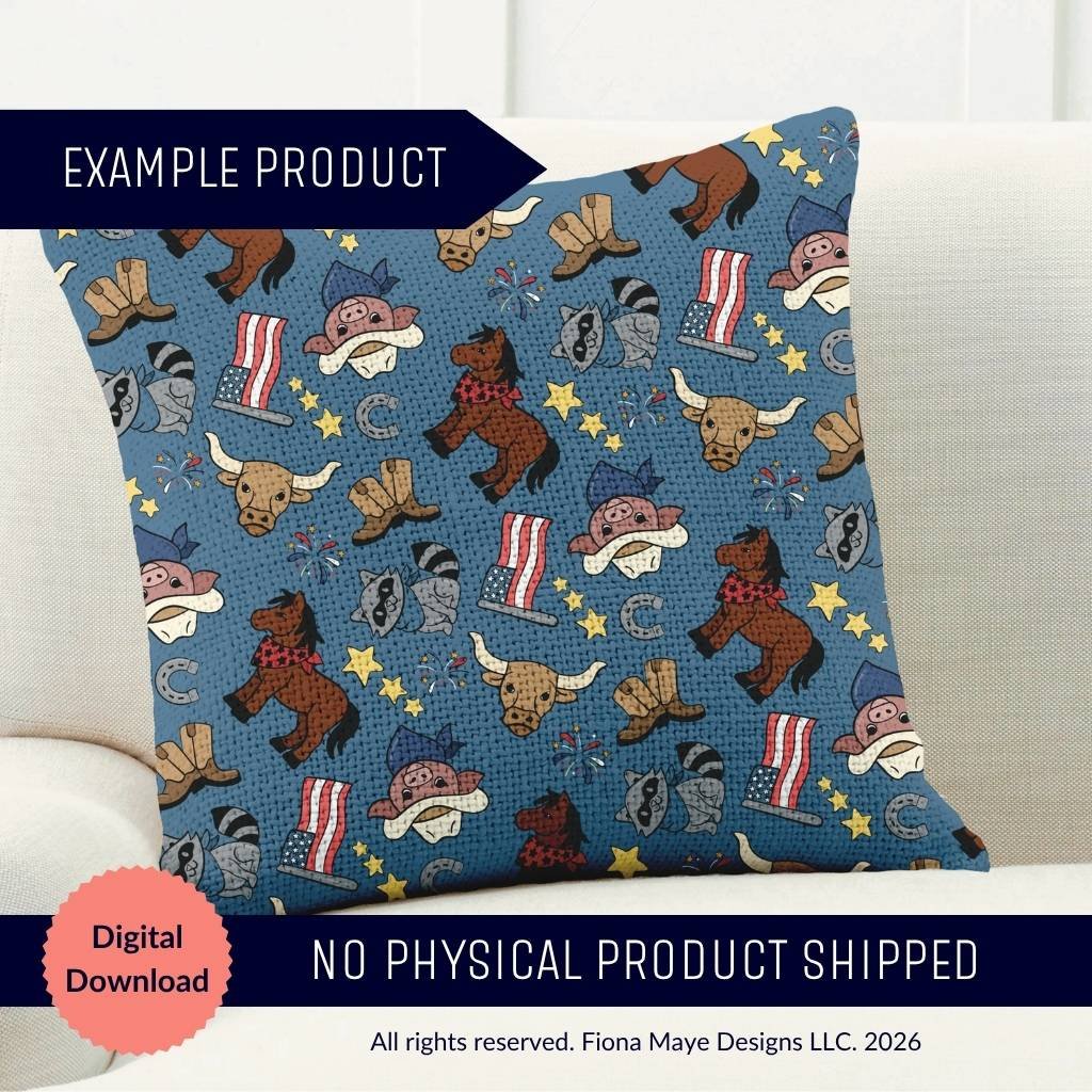 Decorative pillow mockup featuring a blue western themed pattern with cowboy hats, boots, horses, bulls, raccoons, stars and flags on a light couch.