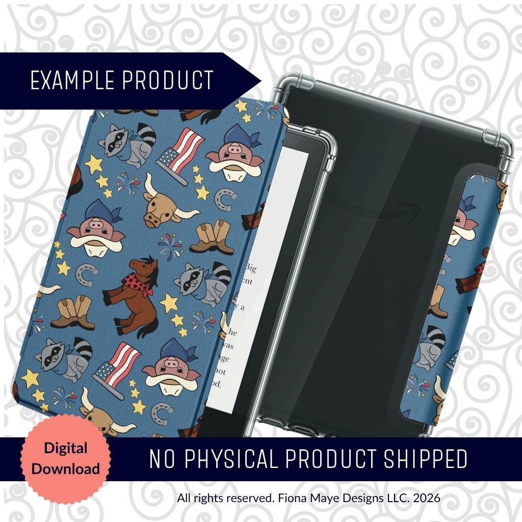 E-reader cover mockup featuring a blue western themed pattern with raccoons, longhorns, boots, stars and American flag accents, shown with Digital Download labels.