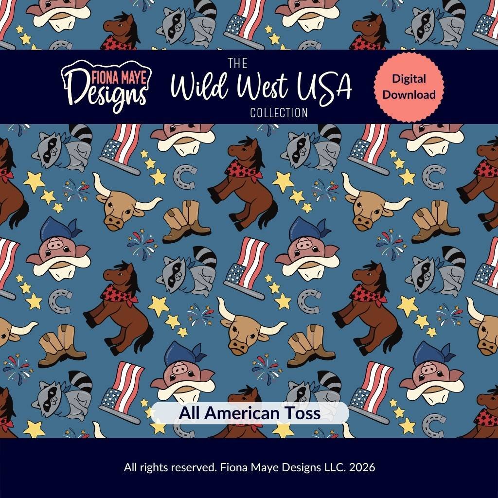 Digital pattern titled All American Toss, featuring cartoon western icons, horses, bulls, raccoons, boots, stars and flags on a blue background