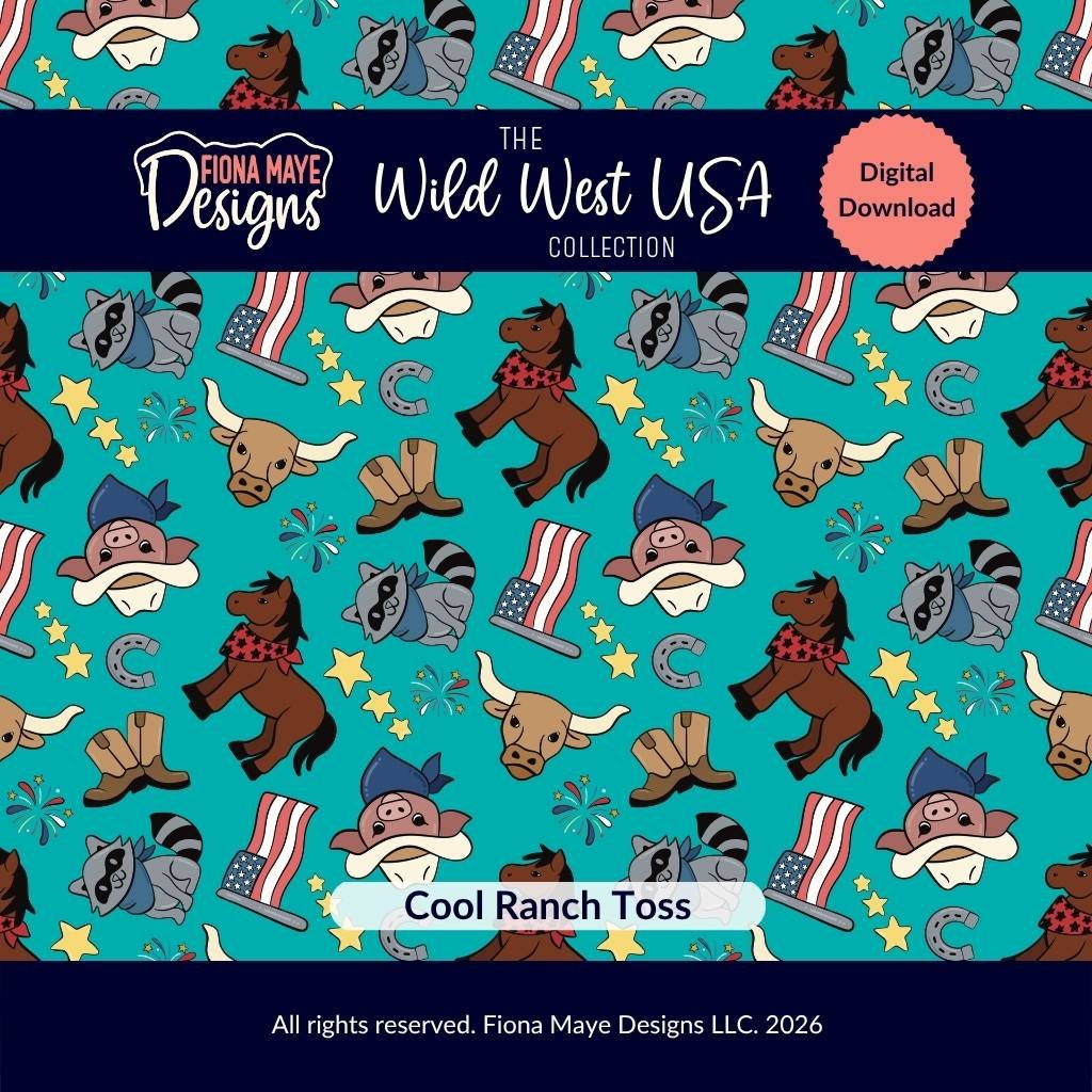 Western themed seamless pattern featuring cartoon hats, horses, raccoons, bulls, boots, stars, and flags on a turquoise background.