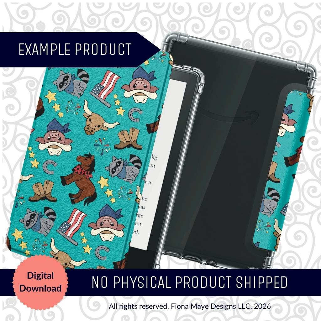 Turquoise e‑reader cover mockup featuring a playful western themed pattern with raccoons, cowboy boots, longhorns, cowboy hats, stars, pigs, and American flags.