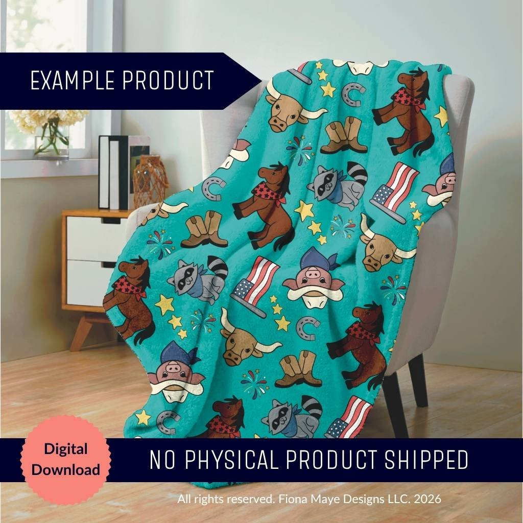 Teal blanket mockup draped over a chair featuring a playful western themed pattern with cartoon bears, raccoons, and cows in cowboy gear, plus stars and horseshoes.