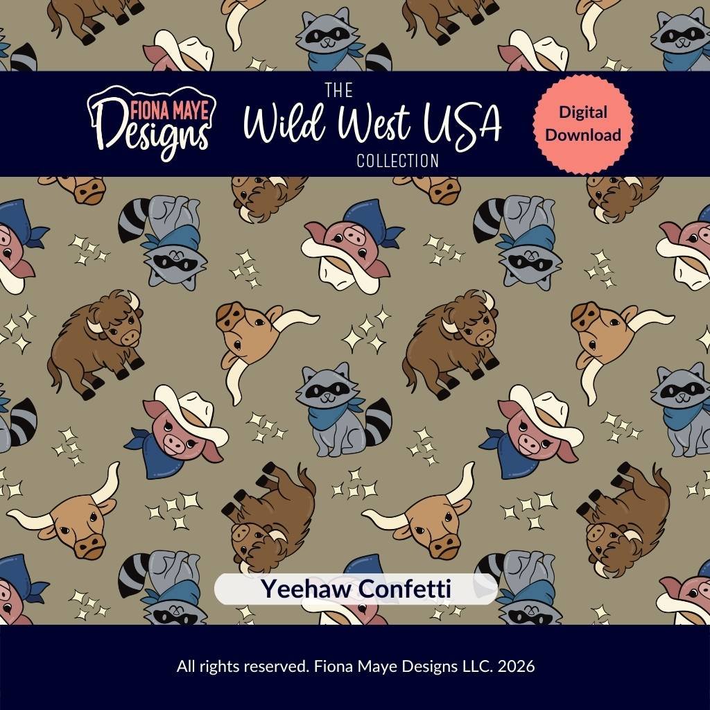 Seamless tan western pattern featuring cartoon raccoons, pigs, bison, and longhorns with small yellow star clusters scattered throughout.