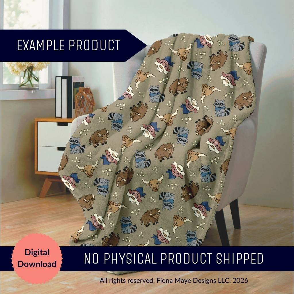 Cozy blanket mockup draped over a chair featuring a muted green western themed pattern with cartoon raccoons, bison, and cowboy elements, shown with “Digital Download” and “No Physical Product Shipped” labels.