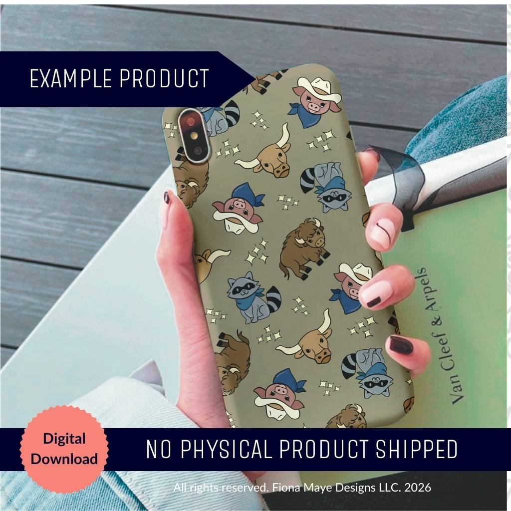 Hand holding a smartphone with a green western themed case featuring cartoon raccoons, bison, and cowboy elements, shown with “Digital Download” and “No Physical Product Shipped” labels.
