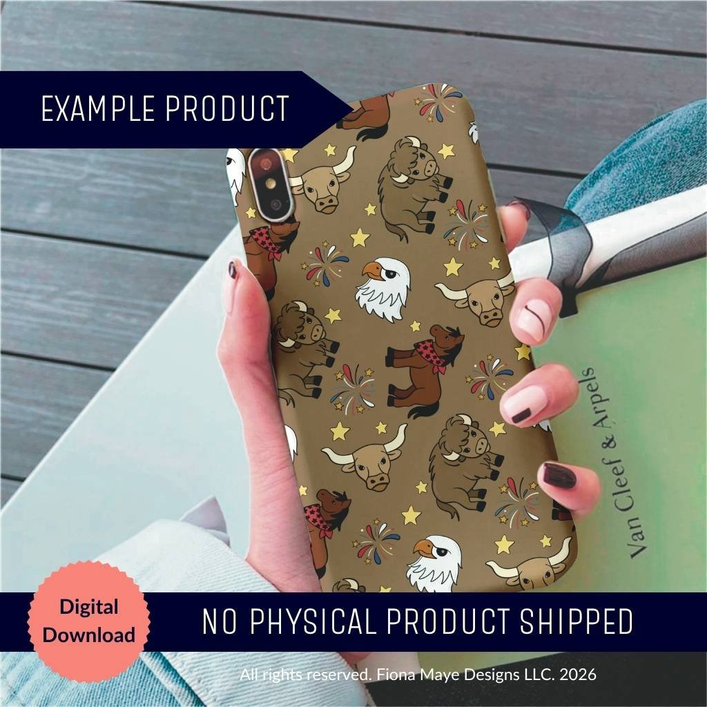 Hand holding a smartphone with a brown western themed case featuring cartoon eagles, bison, longhorns, and horses, accented with stars and firework bursts.