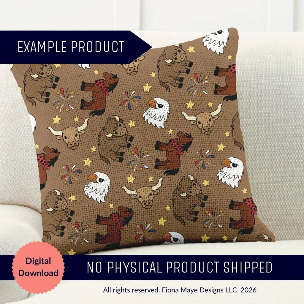 Decorative pillow mockup featuring a brown western themed pattern with cartoon bison, bald eagles, and bears in scarves, accented with stars and firework bursts.