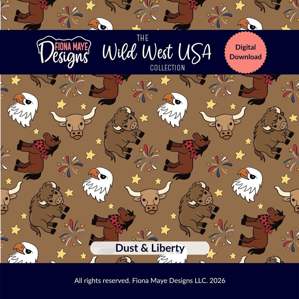 Seamless brown western themed pattern featuring cartoon eagles, bison, horses with red bandanas, and longhorns, accented with yellow stars and colorful firework bursts.
