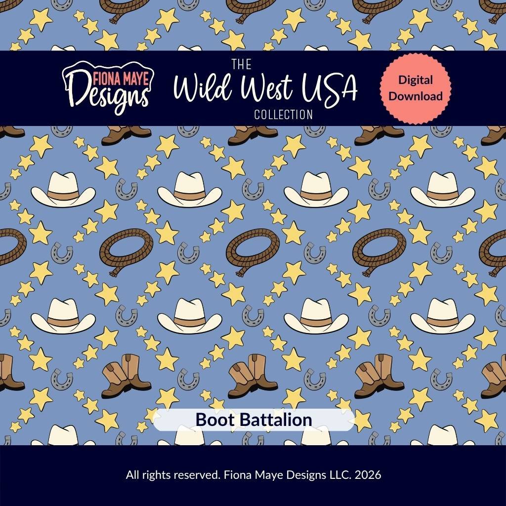 Blue western themed pattern sheet featuring cartoon cowboy hats, boots, lassos, horseshoes, and yellow stars.