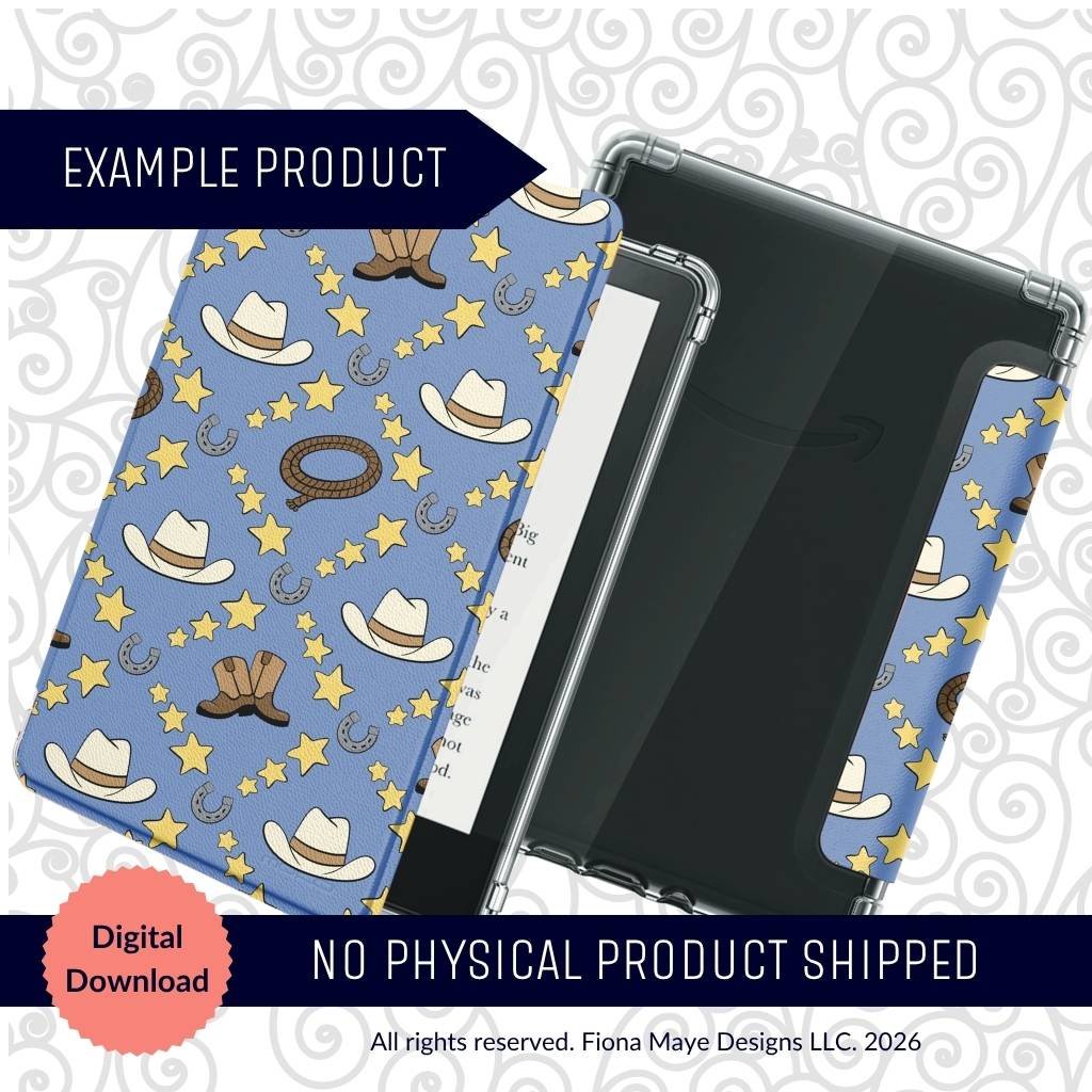 E‑reader cover mockup featuring a blue western themed pattern with cartoon cowboy hats, boots, lassos, horseshoes, and yellow stars