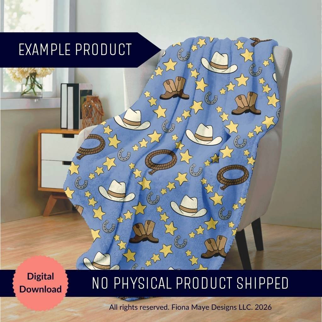 Blue blanket mockup draped over a chair featuring a western themed pattern with cartoon cowboy hats, boots, lassos, horseshoes, and yellow stars.