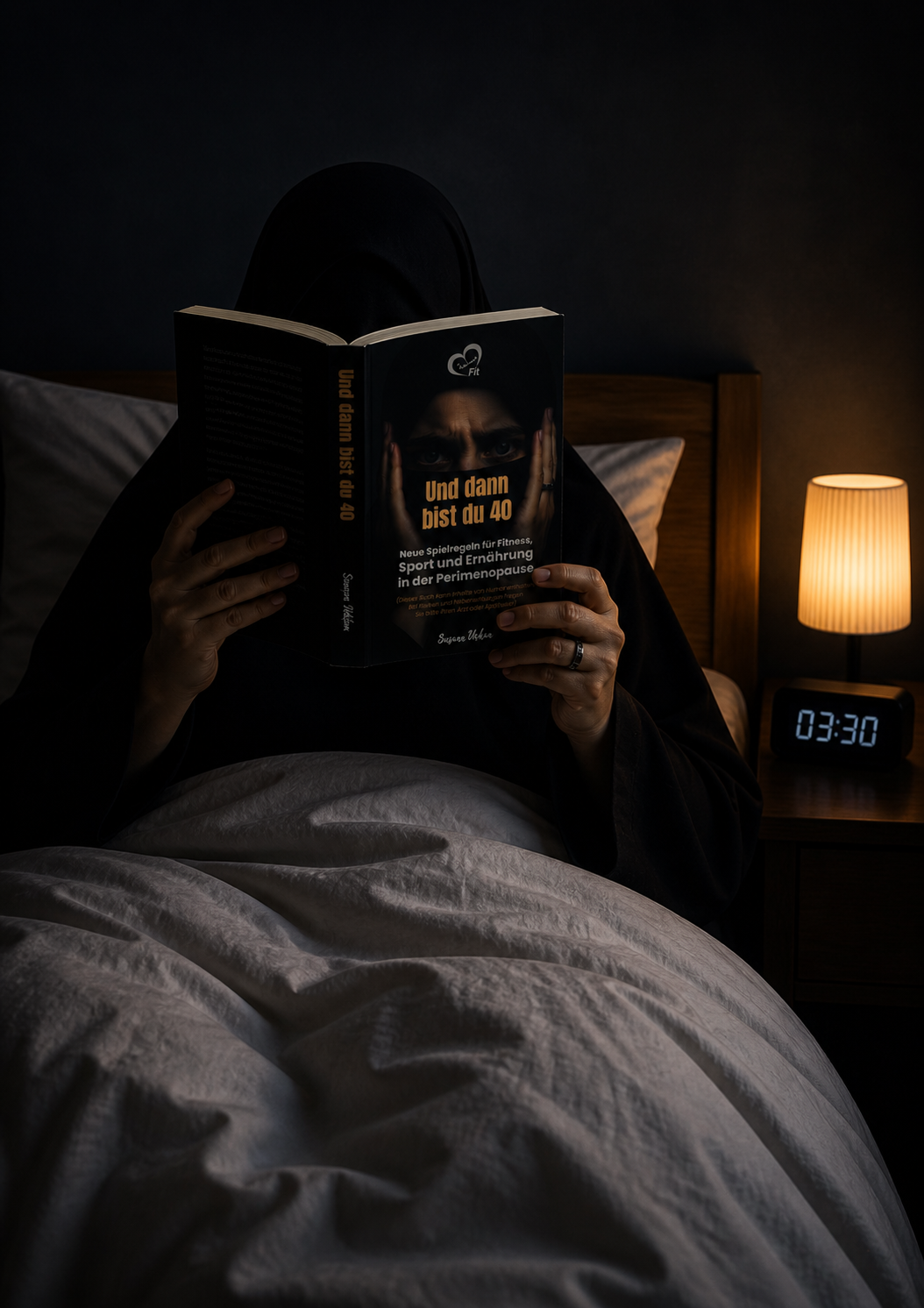 Muslima im Bett mit Buch "Und dann bist du 40" um 3:30 Uhr in der Nacht lesend