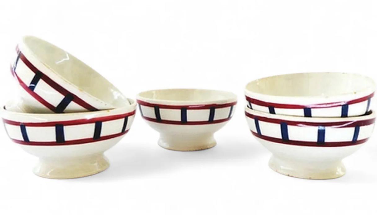 5 French footed café au lait bowls Basque pattern of red and blue stripes by Badonviller