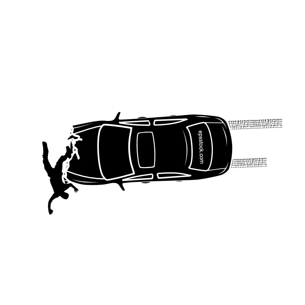 Road accident involving a car and a pedestrian, top view, black isolated vector silhouette