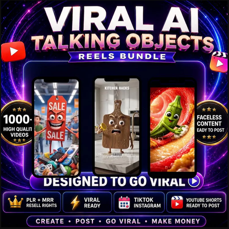 1000+ AI Talking Objects Reels Bundle Faceless Viral Videos Ready To Post TikTok Instagram YouTube Shorts PLR MRR Passive Income Kit