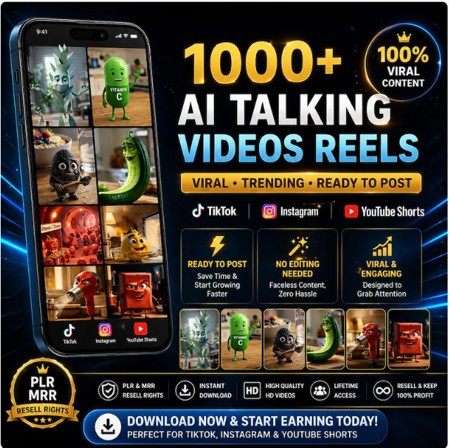 1000+ AI Talking Objects Reels Bundle Faceless Viral Videos Ready To Post TikTok Instagram YouTube Shorts PLR MRR Passive Income Kit