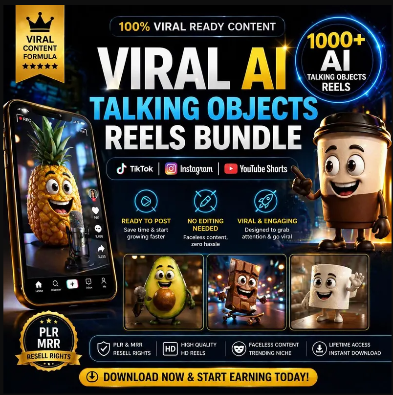 1000+ AI Talking Objects Reels Bundle Faceless Viral Videos Ready To Post TikTok Instagram YouTube Shorts PLR MRR Passive Income Kit