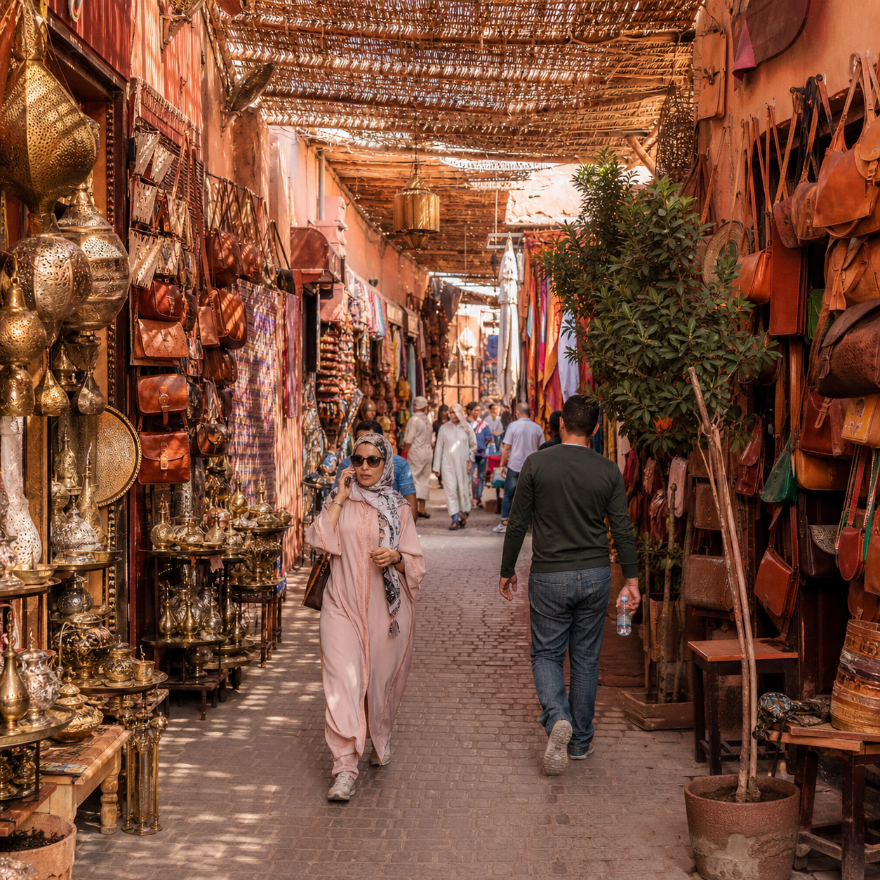 Moroccan souk market with lanterns, leather goods, and travelers learning cultural etiquette