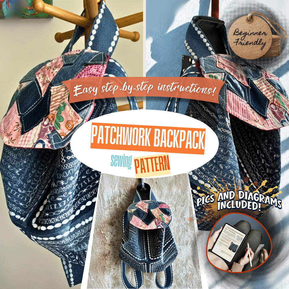 Collage-style promotional cover image for a patchwork backpack sewing pattern showing multiple photos of a handmade upcycled patchwork backpack in different angles. Text overlays highlight “beginner friendly,” “easy to follow step-by-step instructions,” “patchwork backpack sewing pattern,” and “pics and diagrams included.” One inset image shows a person viewing the sewing pattern pages on a tablet, previewing illustrated instructions and diagrams.