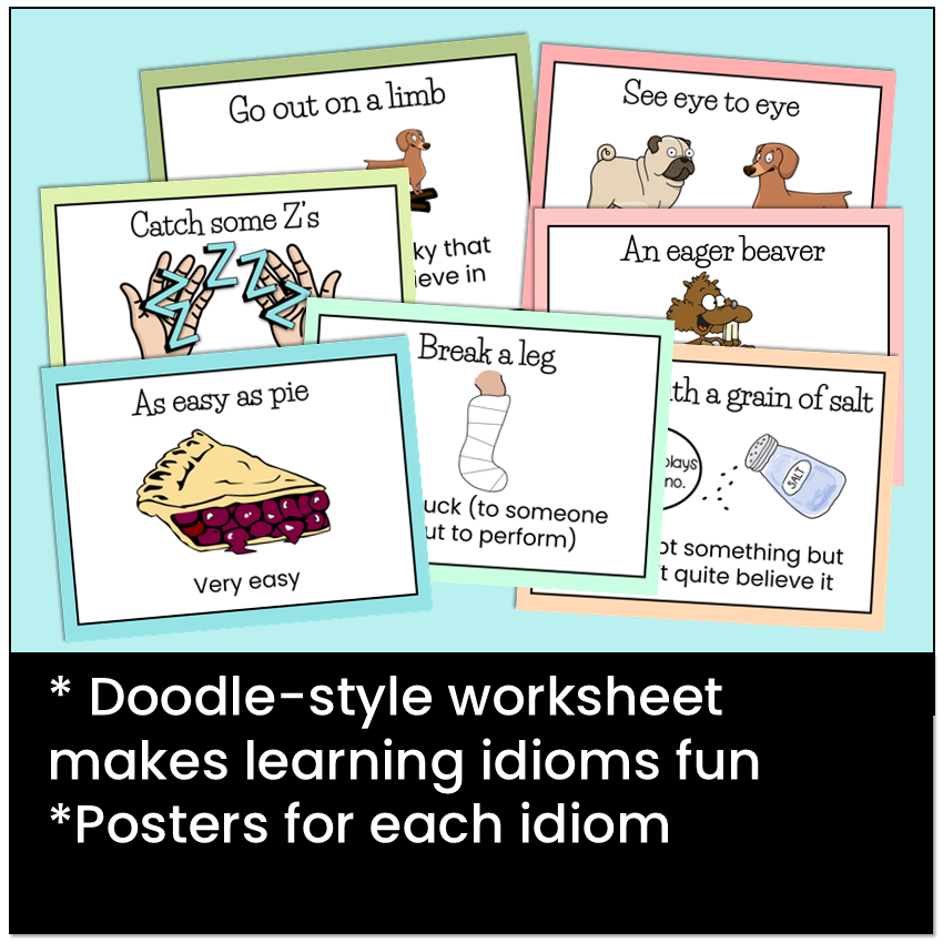 Doodle-style worksheet and posters for each idiom