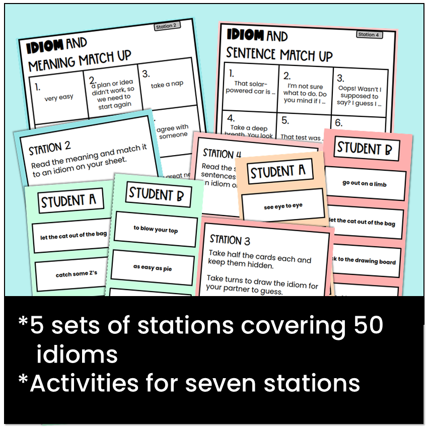5 sets of stations covering 50 idioms with activities for seven stations