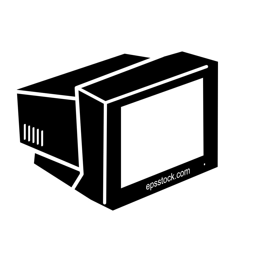 Old computer monitor, black isolated vector silhouette