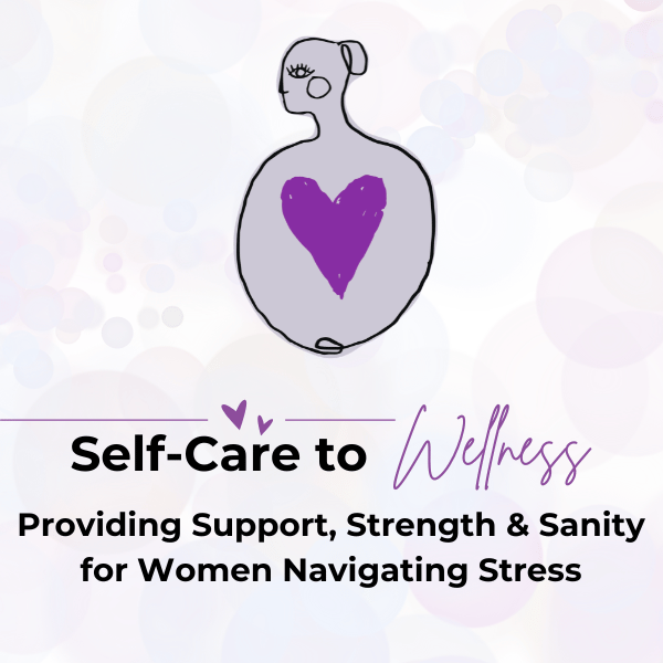 Self care to wellness graphic in purple and black