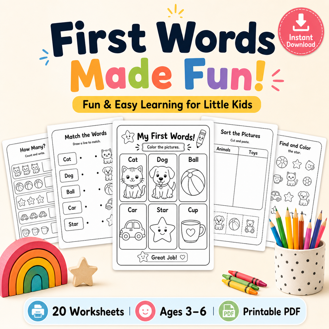 First Words Made Fun! 20 Printable Coloring Worksheets for Ages 3–6
