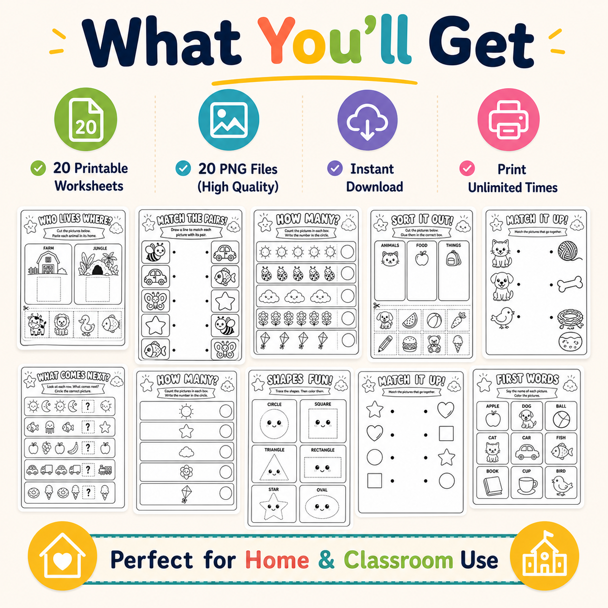 First Words Made Fun! 20 Printable Coloring Worksheets for Ages 3–6