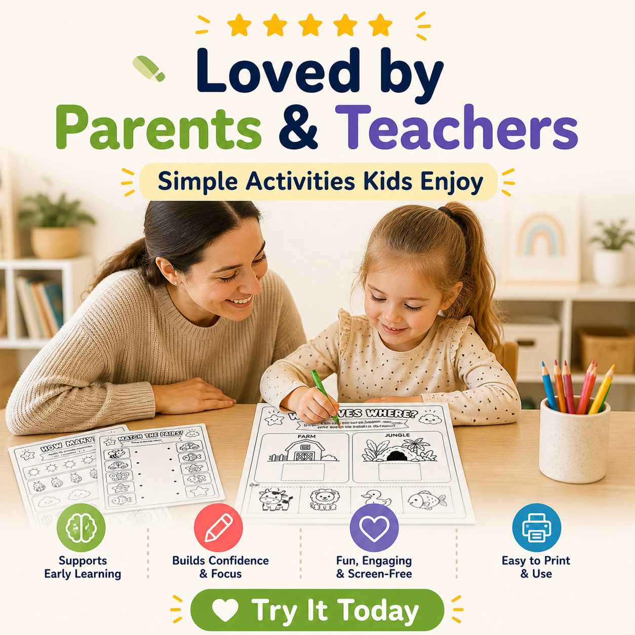 First Words Made Fun! 20 Printable Coloring Worksheets for Ages 3–6