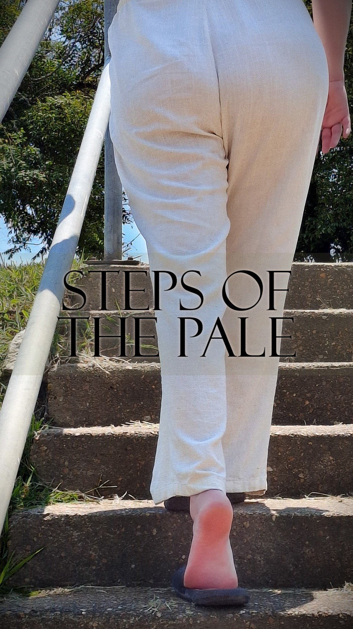a curvy model wearing linen pants walking up concrete stairs the words steps of the pale overlayed on the image