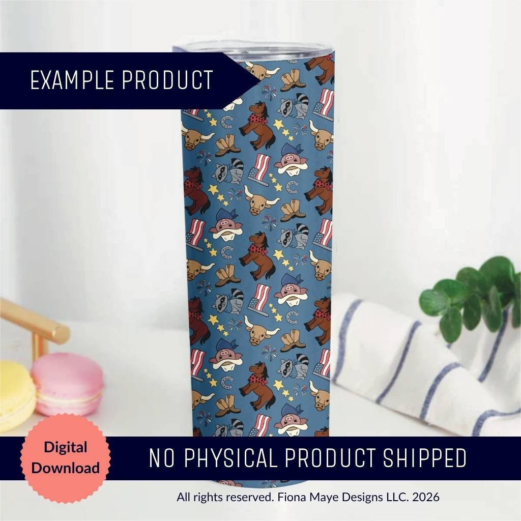 Example product mockup of Wild West USA tumbler wrap design applied to a 20oz skinny tumbler. Hand-drawn western animal pattern on blue background, digital download only, no physical product shipped, by Fiona Maye Designs.