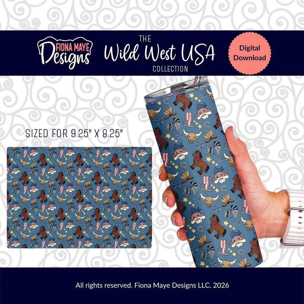 Hand-drawn Wild West USA tumbler wrap PNG featuring an all-over pattern of western animals including bison, raccoons, and longhorns on a blue background. 9.25x8.25 inch sublimation digital download by Fiona Maye Designs.