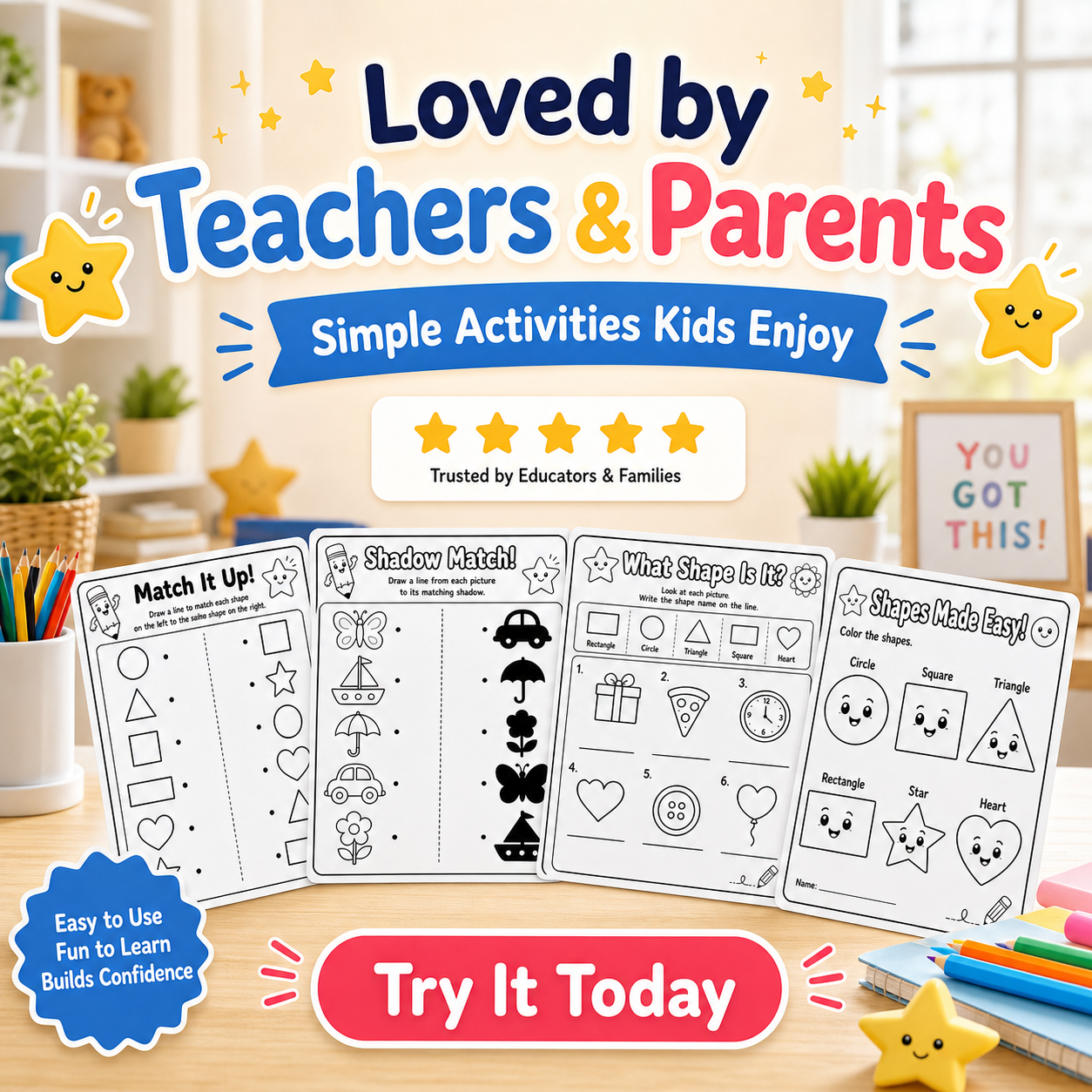 Shapes Made Easy! 20 Printable Coloring Worksheets for Ages 3–6