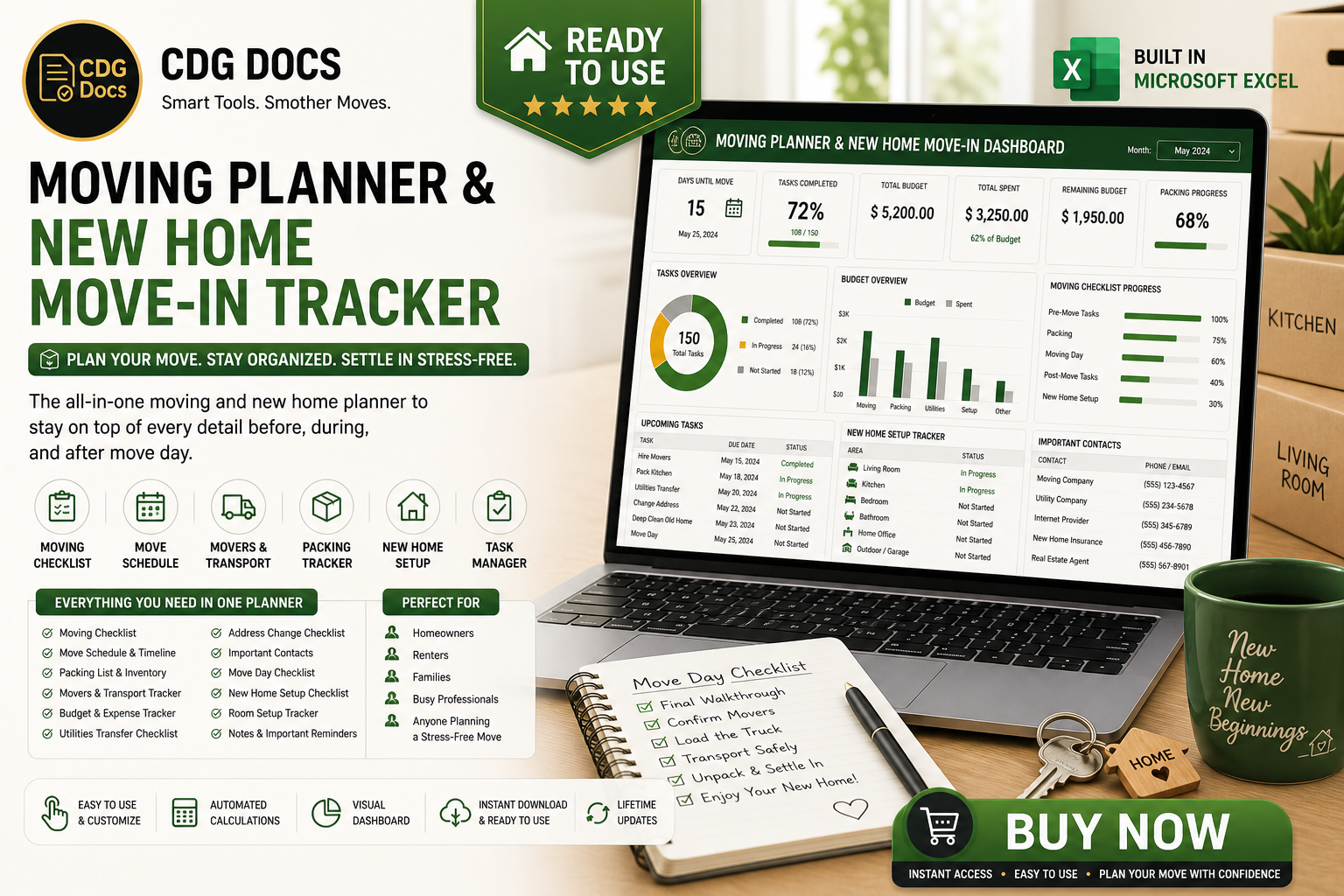 Moving Planner & New Home Move-In Tracker Excel Dashboard (Checklist ...