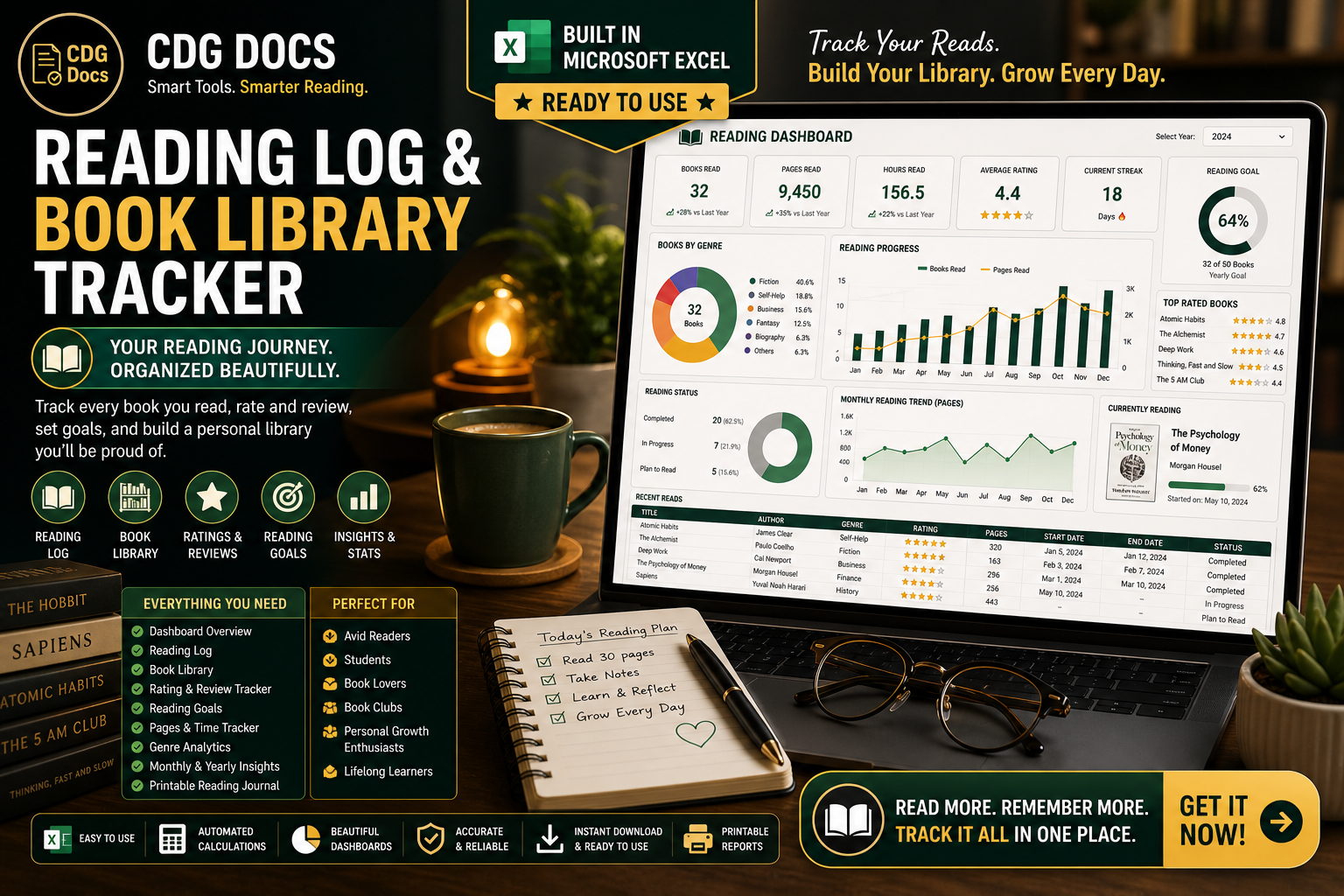Reading Log & Book Library Tracker Excel Dashboard (TBR, Ratings, Stats ...
