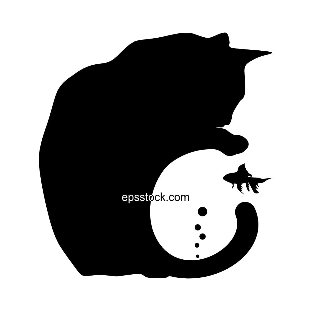 Cat trying to catch fish, black isolated vector silhouette